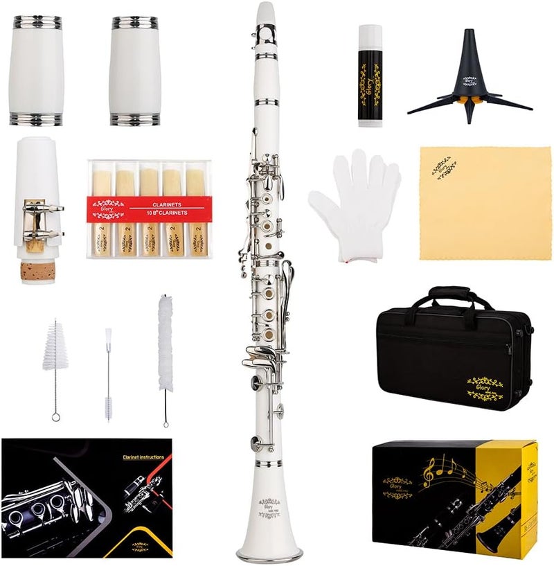 Glory GLYCLAWH Professional Ebonite Bb Clarinet with 10 Reeds, Stand, Hard Case, Cleaning Cloth, Mouthpiece Brush and Pad Brush,White/Silver - Image 1